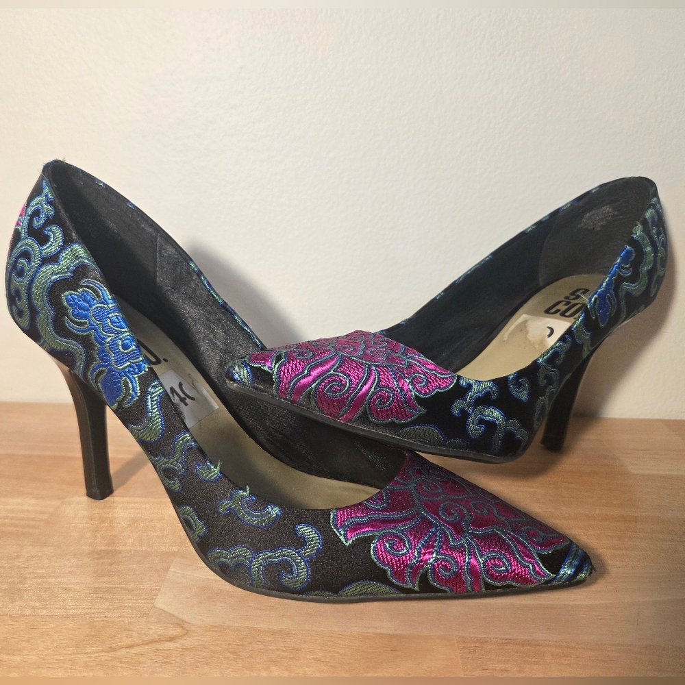 9& Co. Asian Inspired Brocade Stilletto Heels Peacock Boho Y2K 90s Cocktail size